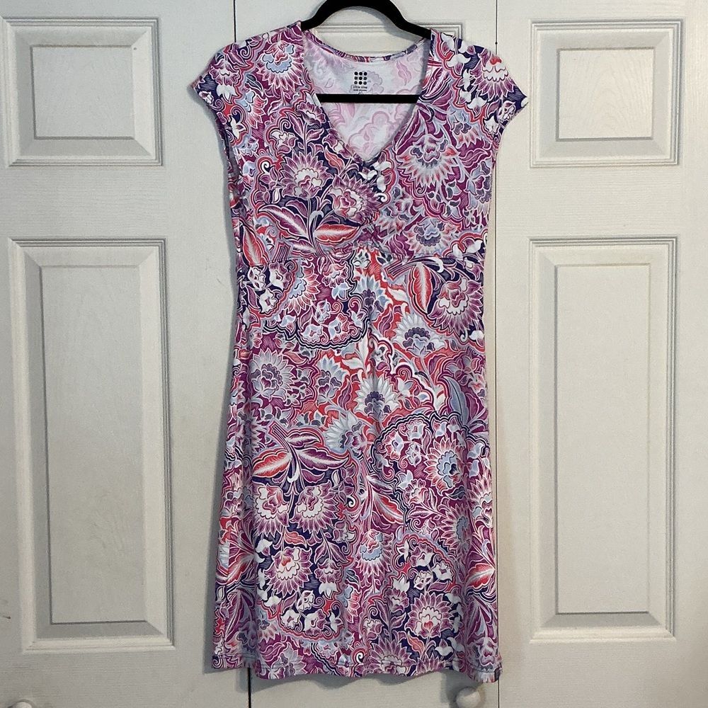 Title Nine Womens Amelia Dress Small Short Sleeve Purple Pink Floral Zip Pocket